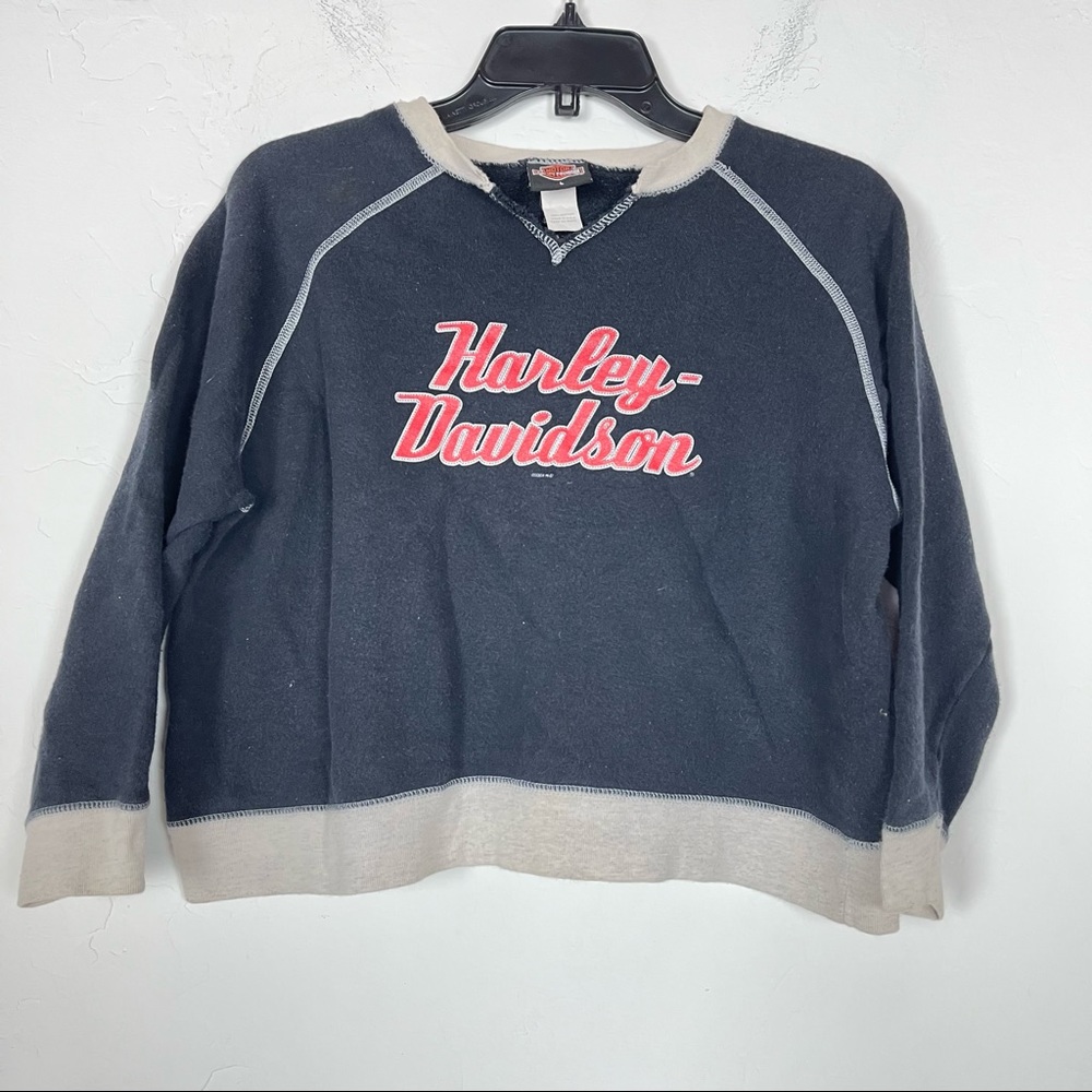VTG Harley Davidson Sweater Crop Knit Top‎ Shirt Crew Neck Logo Spellout Black